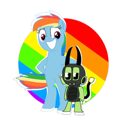 Size: 720x720 | Tagged: safe, artist:cooperthedoodlian, imported from derpibooru, rainbow dash, beetle, insect, pegasus, pony, bipedal, doodland, duo, duo male and female, female, male, mantisgirl, my singing monsters, simple background, slapoda, standing, transparent background