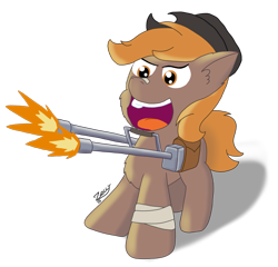 Size: 1829x1755 | Tagged: safe, artist:zeccy, imported from derpibooru, oc, oc only, oc:calamity, pony, fallout equestria, atg 2024, gun, muzzle flash, newbie artist training grounds, simple background, solo, transparent background, weapon