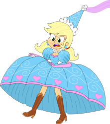 Size: 1280x1446 | Tagged: safe, imported from derpibooru, applejack, human, boots, braid, clothes, dress, ear piercing, falling, flying, froufrou glittery lacy outfit, gloves, hat, hennin, humanized, jewelry, long gloves, necklace, paraskirt, piercing, princess, princess applejack, screaming, shoes, skirt, tied hair