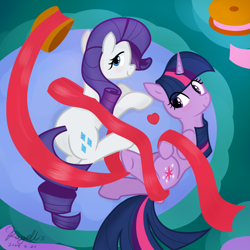 Size: 2048x2048 | Tagged: safe, artist:rayelli, imported from derpibooru, rarity, twilight sparkle, pony, unicorn, cute, duo, duo female, female, horn, lesbian, looking at you, lying down, mare, rarilight, shipping, show accurate