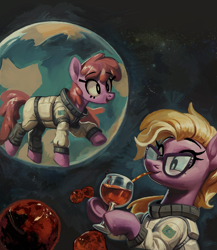 Size: 1122x1290 | Tagged: safe, artist:yidwags, berry punch, berryshine, grace manewitz, art pack:nuclear neighs and deco days, drinking, drinking straw, equestrian flag, floating, planet, space