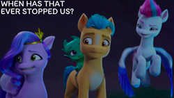 Size: 2000x1125 | Tagged: safe, edit, edited screencap, editor:quoterific, imported from derpibooru, screencap, hitch trailblazer, pipp petals, zipp storm, family trees, g5, my little pony: make your mark, my little pony: make your mark chapter 5, sparky sparkeroni