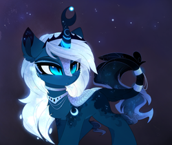 Size: 3301x2772 | Tagged: safe, artist:magnaluna, imported from derpibooru, princess luna, kirin, alternate hairstyle, chest fluff, collar, crown, curved horn, cute, cute little fangs, ear fluff, eye clipping through hair, eyebrows, eyebrows visible through hair, fangs, female, high res, horn, jewelry, kirin luna, kirin-ified, kirinbetes, leonine tail, lunabetes, regalia, slit pupils, solo, species swap, tail