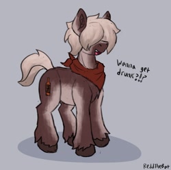 Size: 1548x1533 | Tagged: safe, artist:reddthebat, imported from derpibooru, oc, oc only, oc:number seven, earth pony, pony, bandana, coat markings, dialogue, gray background, hair over eyes, male, open mouth, open smile, simple background, smiling, solo, stallion, unshorn fetlocks