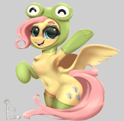 Size: 1000x980 | Tagged: safe, artist:inkypuso, imported from derpibooru, fluttershy, pegasus, pony, animal costume, armpits, belly button, bipedal, chest fluff, clothes, costume, cute, female, frog costume, gray background, hind legs, legs together, looking at you, mare, open mouth, open smile, shyabetes, simple background, smiling, smiling at you, solo, spread wings, wings