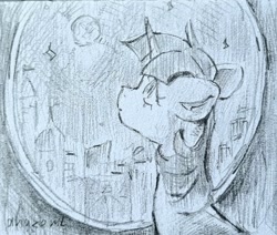 Size: 2048x1740 | Tagged: safe, artist:laymy, imported from derpibooru, twilight sparkle, pony, unicorn, bust, female, full moon, grayscale, looking up, mare, monochrome, moon, night, pencil drawing, solo, traditional art, unicorn twilight, window