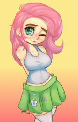 Size: 1200x1864 | Tagged: safe, artist:inkypuso, imported from derpibooru, fluttershy, human, equestria girls, blushing, breasts, busty fluttershy, clothes, cute, female, gradient background, humanized, looking at you, microskirt, miniskirt, one eye closed, shyabetes, skirt, smiling, smiling at you, socks, solo, stockings, thigh highs, thigh socks, wink, winking at you