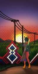 Size: 3616x7016 | Tagged: safe, artist:tenenbris, imported from derpibooru, oc, oc only, oc:sweet release, anthro, unguligrade anthro, anthro oc, apron, boots, chain link fence, clothes, female, fence, field, gas mask, graffiti, green mane, mare, mask, red coat, shoes, solo, sunset, telephone pole