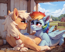 Size: 1024x832 | Tagged: safe, imported from derpibooru, applejack, rainbow dash, earth pony, pegasus, pony, ai content, ai generated, farm, generator:easyfluff v10-prerelease, generator:stable diffusion, prompter:raif