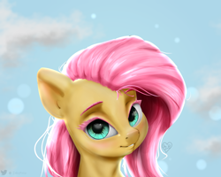 Size: 1500x1197 | Tagged: safe, artist:inkypuso, imported from derpibooru, fluttershy, pegasus, pony, bust, female, looking at you, mare, portrait, sky background, smiling, smiling at you, solo