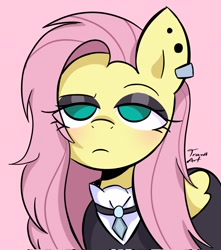 Size: 1814x2048 | Tagged: safe, artist:eltrash_art6, imported from derpibooru, fluttershy, pegasus, pony, alternate hairstyle, clothes, cute, dress, ear piercing, earring, eyeshadow, female, fluttergoth, jewelry, makeup, mare, piercing, pink background, shyabetes, simple background, solo, unamused