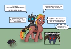 Size: 2414x1659 | Tagged: safe, artist:termyotter, imported from derpibooru, oc, oc:macrophage, oc:spectrum gear, changeling, earth pony, pony, spider, atg 2024, male, newbie artist training grounds, stallion