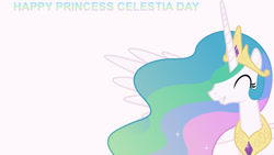 Size: 1920x1080 | Tagged: safe, artist:90sigma, edit, editor:jaredking779, imported from derpibooru, princess celestia, alicorn, pony, celestia day, crown, ethereal mane, eyes closed, female, jewelry, mare, peytral, regalia, simple background, smiling, solo, white background