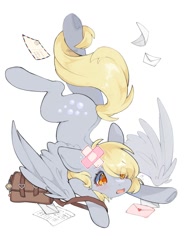 Size: 1500x2000 | Tagged: safe, artist:aniimoni, imported from derpibooru, derpy hooves, pegasus, pony, bag, crying, derpy being derpy, digital art, emanata, female, gray coat, letter, mailmare, mare, postcard, simple background, spread wings, white background, wings, yellow eyes, yellow mane