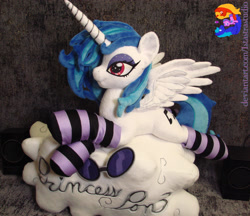 Size: 2672x2304 | Tagged: safe, artist:1stastrastudio, imported from derpibooru, dj pon-3, vinyl scratch, alicorn, pony, alicornified, clothes, cloud, irl, photo, plushie, race swap, socks, solo, striped socks, vinyl's glasses, vinylcorn