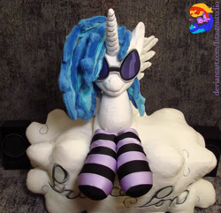 Size: 2394x2304 | Tagged: safe, artist:1stastrastudio, imported from derpibooru, dj pon-3, vinyl scratch, alicorn, pony, alicornified, clothes, cloud, irl, photo, plushie, race swap, socks, solo, striped socks, vinyl's glasses, vinylcorn