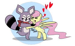 Size: 870x539 | Tagged: safe, artist:raynheartz, imported from derpibooru, fluttershy, cute, hug, indigo park (video game), rambley raccoon, simple background