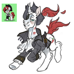 Size: 2160x2160 | Tagged: safe, artist:kapusha-blr, imported from derpibooru, oc, oc only, pony, unicorn, clothes, curved horn, grin, hat, horn, jacket, kiss mark, lidded eyes, lipstick, looking at you, male, pirate, pirate hat, running, smiling, solo, stallion