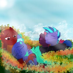 Size: 2048x2048 | Tagged: safe, artist:chickenking9, imported from derpibooru, tempest shadow, oc, dragon, pony, unicorn, :3, broken horn, canon x oc, clothes, commission, crepuscular rays, eye scar, eyes closed, facial scar, female, horn, hug, lidded eyes, looking down, lying down, male, mare, outdoors, prone, scar, smiling, stallion, straight, tail