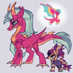 Size: 1500x1500 | Tagged: safe, artist:disaterror, imported from derpibooru, sunny starscout, dragon, earth pony, pony, alternate color palette, alternate design, alternate hairstyle, alternate tailstyle, bag, bandaid, bandaid on nose, beanbrows, big eyes, blaize skysong, blue eyes, blue mane, blue sclera, blue tail, body markings, braid, braided tail, coat markings, colored belly, colored claws, colored eartips, colored eyebrows, colored hooves, colored horns, colored muzzle, colored sclera, curved horns, duo, duo female, eyebrows, facial markings, fangs, female, folded wings, g5, hooves, long mane, looking at someone, mane stripe sunny, mare, mealy mouth (coat marking), mismatched hooves, multicolored hair, multicolored hooves, multicolored horns, multicolored mane, multicolored tail, orange coat, pale belly, ponytail, purple mane, purple tail, rainbow hair, rainbow tail, redesign, ribbon, saddle bag, slit pupils, smiling, socks (coat markings), solo focus, sparkly body, spikes, standing, tail, tall ears, thick eyelashes, tied mane, tracksuit, water bottle, watermark, wings