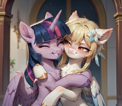 Size: 1792x1568 | Tagged: safe, imported from derpibooru, pony, ai content, ai generated, anonymous prompter, blushing, crossover, duo, generator:autismmix confetti, genshin impact, hug, lumine (genshin impact), ponified, smiling