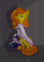 Size: 2118x2966 | Tagged: safe, artist:kenry dog, imported from derpibooru, oc, oc only, oc:anna pine, earth pony, pony, curly mane, curly tail, freckles, helmet, looking back, orange mane, orange tail, rear view, sitting, solo, tail, yellow coat