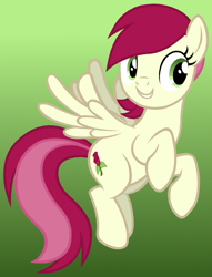 Size: 635x830 | Tagged: safe, artist:roseluck, derpibooru exclusive, imported from derpibooru, roseluck, pegasus, pony, female, flying, full body, green background, looking at you, mare, race swap, show accurate, simple background, smiling, smiling at you, solo, spread wings, tail, three quarter view, wings