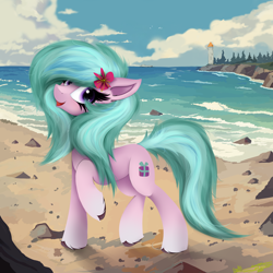 Size: 4000x4000 | Tagged: safe, artist:ser-p, imported from derpibooru, earth pony, pony, absurd resolution, adordahlia, beach, cloud, cute, dahlia, flower, flower in hair, g5, happy, lighthouse, ocean, open mouth, open smile, raised leg, rock, smiling, solo, unshorn fetlocks, water