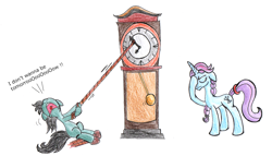 Size: 1950x1119 | Tagged: safe, artist:fleximusprime, imported from derpibooru, unicorn, atg 2024, clock, duo, female, filly, foal, grandfather clock, horn, mare, newbie artist training grounds, simple background, white background