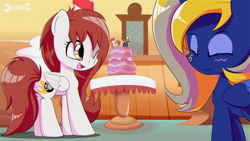 Size: 2500x1406 | Tagged: safe, artist:trackheadtherobopony, imported from derpibooru, oc, oc:kira (fl), oc:trixie blaze, alicorn, pegasus, pony, birthday cake, blushing, butt, cake, female, food, mare, one eye closed, plot, sugarcube corner, wink