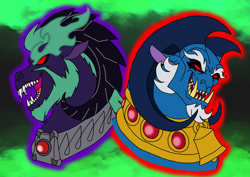 Size: 1414x1000 | Tagged: safe, artist:melspyrose, artist:zetikoopa, imported from derpibooru, grogar, oc, oc:draven la fay/no heart, sheep, evil grin, evil laugh, fangs, grin, laughing, male, ram, smiling