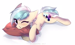 Size: 2048x1220 | Tagged: safe, artist:enjaadjital, imported from derpibooru, oc, oc only, earth pony, pony, blush lines, blushing, cute, ear fluff, earth pony oc, eye clipping through hair, eyebrows, eyebrows visible through hair, female, hug, looking at you, lying down, mare, one eye closed, pigtails, pillow, pillow hug, solo