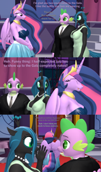 Size: 1920x3240 | Tagged: safe, artist:papadragon69, imported from derpibooru, queen chrysalis, spike, twilight sparkle, alicorn, anthro, the last problem, 3d, chryspike, clothes, comic, dress, female, gala dress, gigachad spike, grand galloping gala, jewelry, male, necklace, older, older spike, older twilight, older twilight sparkle (alicorn), pearl necklace, princess twilight 2.0, shipping, source filmmaker, straight, suit, twilight sparkle (alicorn)