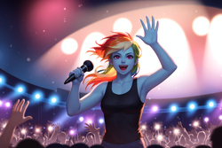 Size: 3072x2048 | Tagged: safe, imported from derpibooru, rainbow dash, human, ai content, ai generated, crowd, female, singing, solo focus, stage