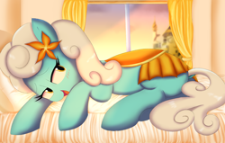 Size: 1756x1118 | Tagged: safe, artist:spoonie, serena, earth pony, pony, bed, blushing, female, flower, flower in hair, lying down, mare, open mouth, saddle, solo, tack