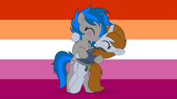 Size: 9671x5440 | Tagged: safe, artist:jhayarr23, imported from derpibooru, oc, oc:homage, oc:littlepip, fallout equestria, background, commission, commissioner:solar aura, cute, eyes closed, female, kissing, lesbian, lesbian pride flag, oc x oc, pipmage, pride, pride flag, pride month, shipping