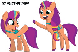 Size: 12698x8554 | Tagged: safe, artist:nguyendeliriam, imported from derpibooru, sunny starscout, absurd resolution, bag, g5, g5 to g4, generation leap, looking at each other, looking at someone, mane stripe sunny, my little pony: tell your tale, open mouth, open smile, raised hoof, saddle bag, simple background, smiling, transparent background