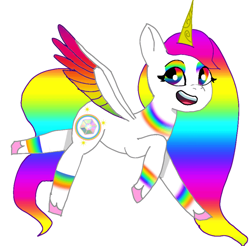 Size: 640x631 | Tagged: safe, artist:sallythepinkdog2024, imported from derpibooru, oc, oc only, oc:rainbow light, alicorn, pony, alicorn oc, colored wings, female, g5, horn, multicolored hair, multicolored wings, my little pony: tell your tale, open mouth, open smile, rainbow eyes, rainbow eyeshadow, rainbow hair, rainbow wings, simple background, smiling, solo, spread wings, white background, wings