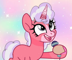 Size: 640x537 | Tagged: safe, artist:sallythepinkdog2024, imported from derpibooru, pony, unicorn, blaze (coat marking), coat markings, colored hooves, facial markings, female, gradient background, hooves, horn, looking up, microphone, open mouth, singing, solo, sparkles, thelma (thelma the unicorn), thelma the unicorn