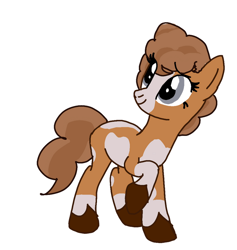 Size: 640x675 | Tagged: safe, artist:sallythepinkdog2024, imported from derpibooru, earth pony, pony, blaze (coat marking), coat markings, colored hooves, facial markings, female, hooves, pinto, raised hoof, simple background, smiling, solo, thelma (thelma the unicorn), thelma the unicorn, white background