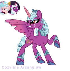 Size: 640x646 | Tagged: safe, artist:sallythepinkdog2024, imported from derpibooru, cozy glow, opaline arcana, oc, alicorn, pony, alicorn oc, bow, colored wings, eyeshadow, female, freckles, fusion, fusion:cozy glow, fusion:opaline arcana, g5, gauntlet, gradient wings, hair bow, horn, jewelry, makeup, raised hoof, regalia, simple background, solo, spread wings, tail, tail bow, white background, wings