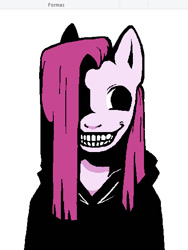 Size: 423x564 | Tagged: safe, artist:boringclown, imported from derpibooru, pinkie pie, anthro, earth pony, pony, black hoodie, clothes, creepy, creepy smile, female, hoodie, mare, pinkamena diane pie, simple background, smiling, solo, white background