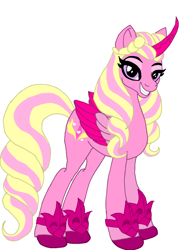 Size: 640x834 | Tagged: safe, artist:sallythepinkdog2024, imported from derpibooru, opaline arcana, alicorn, pony, alternate color palette, alternate design, colored hooves, colored wings, eyeshadow, female, folded wings, g5, g5 to g4, gauntlet, generation leap, hooves, looking at you, makeup, simple background, smiling, solo, white background, wings