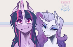 Size: 2048x1325 | Tagged: safe, artist:earthnashes, imported from derpibooru, rarity, twilight sparkle, alicorn, pony, unicorn, blaze (coat marking), bust, coat markings, duo, duo female, eyebrows, eyebrows visible through hair, eyeshadow, facial markings, fangs, female, horn, lesbian, makeup, mare, rarilight, shipping, smiling, twilight sparkle (alicorn)