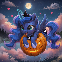 Size: 2048x2048 | Tagged: safe, imported from derpibooru, princess luna, alicorn, pony, ai content, ai generated, cloud, female, filly, flying, foal, generator:pony diffusion v6 xl, generator:stable diffusion, heart, magic, magic aura, moon, open mouth, prompter:venisoncreampie, pumpkin, smiling, solo, wholesome