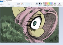 Size: 1295x931 | Tagged: safe, artist:melodylibris, imported from derpibooru, fluttershy, pegasus, pony, art program in frame, big ears, big eyes, desaturated, eye clipping through hair, female, frown, hatching (technique), leaves in mane, looking at something, mare, ms paint, offscreen character, outdoors, pink mane, shrunken pupils, solo, teal eyes, thick eyelashes, unusual pupils, white pupils, wide eyes, yellow coat