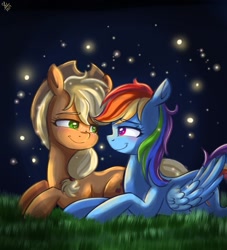 Size: 1161x1280 | Tagged: safe, artist:galaxy swirl, imported from derpibooru, applejack, rainbow dash, earth pony, pegasus, pony, appledash, backwards cutie mark, blushing, duo, duo female, female, folded wings, freckles, grass, hairband, lesbian, looking at each other, looking at someone, lying down, mare, night, night sky, prone, shipping, signature, sky, smiling, smiling at each other, stars, wings