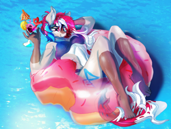 Size: 1280x960 | Tagged: safe, artist:br0via, imported from derpibooru, oc, oc only, oc:akria, anthro, plantigrade anthro, alcohol, bikini, breasts, clothes, drink, female, inner tube, pool toy, solo, sunlight, swimming pool, swimsuit, water