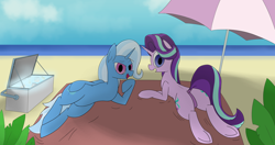 Size: 4096x2160 | Tagged: safe, artist:suryfromheaven, imported from derpibooru, starlight glimmer, trixie, pony, unicorn, beach, beach umbrella, cooler, horn, looking at you, looking back, rear view, sand, towel