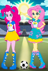 Size: 832x1216 | Tagged: safe, imported from twibooru, fluttershy, pinkie pie, human, equestria girls, ai content, ai generated, blue sky, female, flutterpie, football field, humanized, image, lesbian, needs more jpeg, prompter:tiamatnightmare, shipping